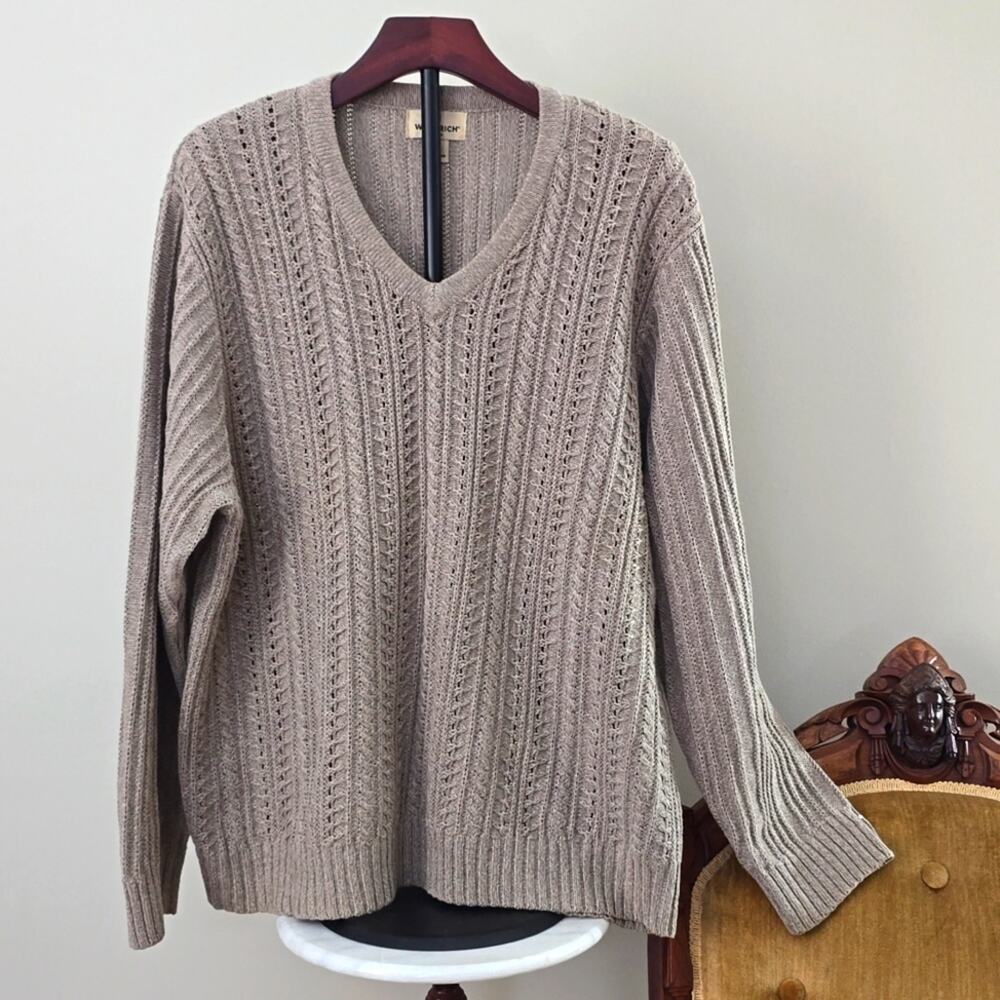 Woolrich Mens Preppy Sweater Cable Knit V-neck Grandpa Neutral Nautical Academia